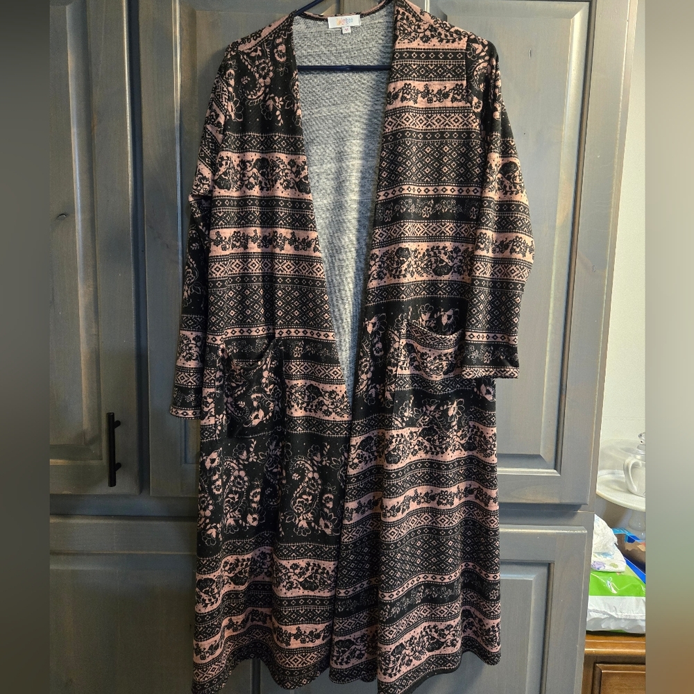 Lularoe Black and Pink Patterned Open Cardigan